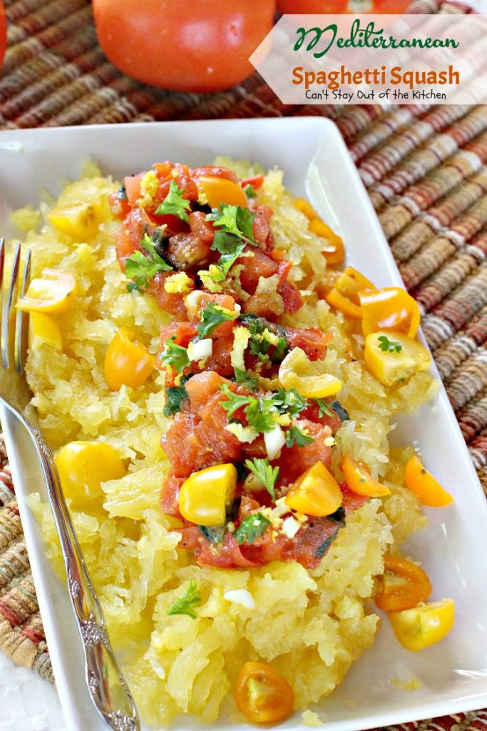 Mediterranean Spaghetti Squash | Can't Stay Out of the Kitchen | mouthwatering #MeatlessMonday dish that's healthy, #glutenfree and #vegan. You'll love the Mediterranean flavors.