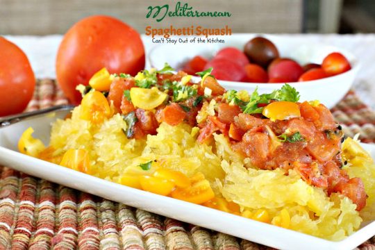 Mediterranean Spaghetti Squash | Can't Stay Out of the Kitchen | mouthwatering #MeatlessMonday dish that's healthy, #glutenfree and #vegan. You'll love the Mediterranean flavors.