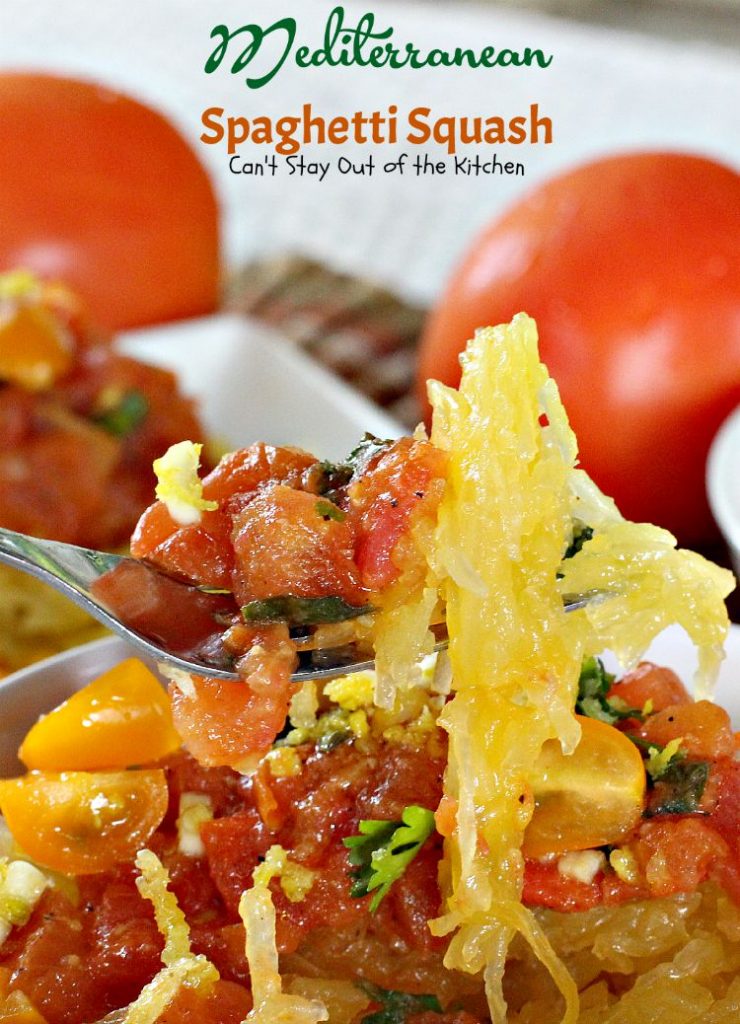 Mediterranean Spaghetti Squash | Can't Stay Out of the Kitchen | mouthwatering #MeatlessMonday dish that's healthy, #glutenfree and #vegan. You'll love the Mediterranean flavors.