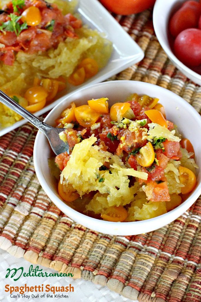 Mediterranean Spaghetti Squash | Can't Stay Out of the Kitchen | mouthwatering #MeatlessMonday dish that's healthy, #glutenfree and #vegan. You'll love the Mediterranean flavors.