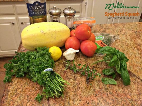 Mediterranean Spaghetti Squash | Can't Stay Out of the Kitchen | mouthwatering #MeatlessMonday dish that's healthy, #glutenfree and #vegan. You'll love the Mediterranean flavors.