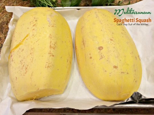 Mediterranean Spaghetti Squash | Can't Stay Out of the Kitchen | mouthwatering #MeatlessMonday dish that's healthy, #glutenfree and #vegan. You'll love the Mediterranean flavors.