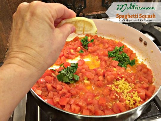 Mediterranean Spaghetti Squash | Can't Stay Out of the Kitchen | mouthwatering #MeatlessMonday dish that's healthy, #glutenfree and #vegan. You'll love the Mediterranean flavors.