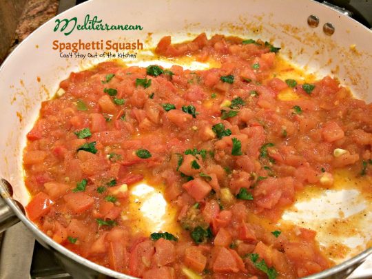 Mediterranean Spaghetti Squash | Can't Stay Out of the Kitchen | mouthwatering #MeatlessMonday dish that's healthy, #glutenfree and #vegan. You'll love the Mediterranean flavors.