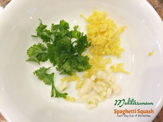 Mediterranean Spaghetti Squash | Can't Stay Out of the Kitchen | mouthwatering #MeatlessMonday dish that's healthy, #glutenfree and #vegan. You'll love the Mediterranean flavors.