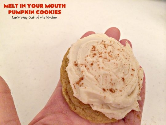 Melt in Your Mouth Pumpkin Cookies | Can't Stay Out of the Kitchen | these are the most awesome #pumpkin #cookies ever! The brown sugar buttercream frosting is amazing. These are terrific for #Christmas baking & parties. #dessert