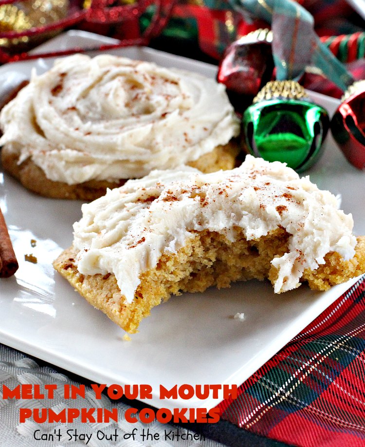 Melt in Your Mouth Pumpkin Cookies | Can't Stay Out of the Kitchen | these are the most awesome #pumpkin #cookies ever! The brown sugar buttercream frosting is amazing. These are terrific for #Christmas baking & parties. #dessert