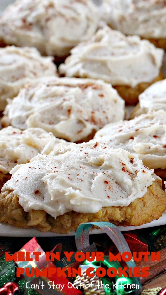 Melt in Your Mouth Pumpkin Cookies | Can't Stay Out of the Kitchen | these are the most awesome #pumpkin #cookies ever! The brown sugar buttercream frosting is amazing. These are terrific for #Christmas baking & parties. #dessert