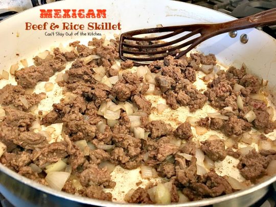 Mexican Beef and Rice Skillet | Can't Stay Out of the Kitchen | this one-dish #beef entree is fabulous. This has become one of our favorite #TexMex meals & only takes about 30 minutes to make! #corn #pintobeans #avocado #glutenfree