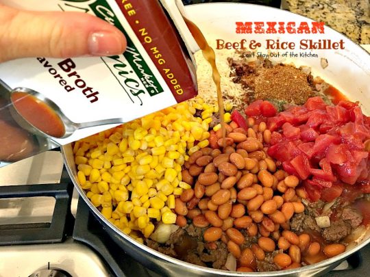 Mexican Beef and Rice Skillet | Can't Stay Out of the Kitchen | this one-dish #beef entree is fabulous. This has become one of our favorite #TexMex meals & only takes about 30 minutes to make! #corn #pintobeans #avocado #glutenfree