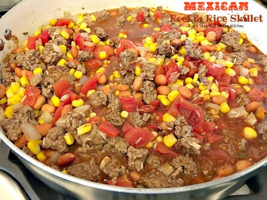 Mexican Beef and Rice Skillet | Can't Stay Out of the Kitchen | this one-dish #beef entree is fabulous. This has become one of our favorite #TexMex meals & only takes about 30 minutes to make! #corn #pintobeans #avocado #glutenfree