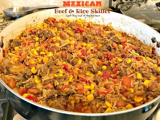 Mexican Beef and Rice Skillet | Can't Stay Out of the Kitchen | this one-dish #beef entree is fabulous. This has become one of our favorite #TexMex meals & only takes about 30 minutes to make! #corn #pintobeans #avocado #glutenfree