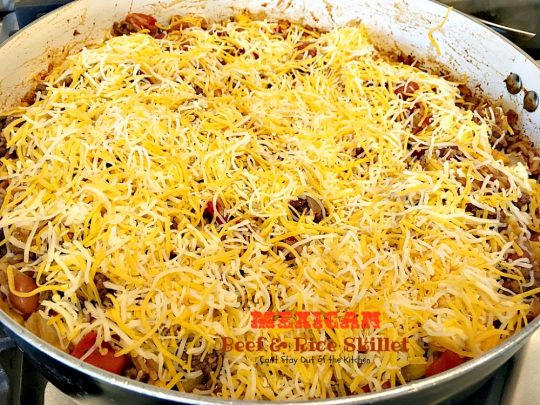 Mexican Beef and Rice Skillet | Can't Stay Out of the Kitchen | this one-dish #beef entree is fabulous. This has become one of our favorite #TexMex meals & only takes about 30 minutes to make! #corn #pintobeans #avocado #glutenfree