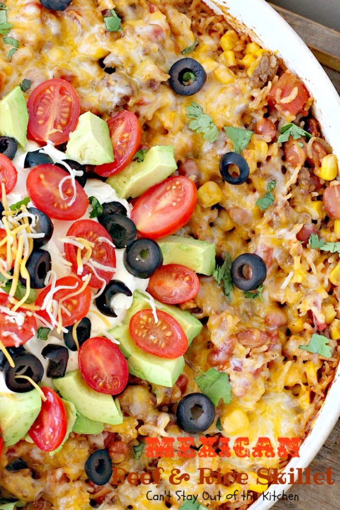 Mexican Beef and Rice Skillet | Can't Stay Out of the Kitchen | this one-dish #beef entree is fabulous. This has become one of our favorite #TexMex meals & only takes about 30 minutes to make! #corn #pintobeans #avocado #glutenfree