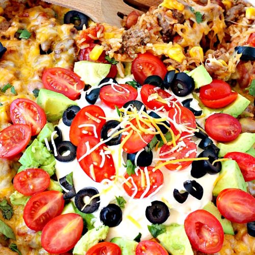 Mexican Beef and Rice Skillet | Can't Stay Out of the Kitchen | this one-dish #beef entree is fabulous. This has become one of our favorite #TexMex meals & only takes about 30 minutes to make! #corn #pintobeans #avocado #glutenfree