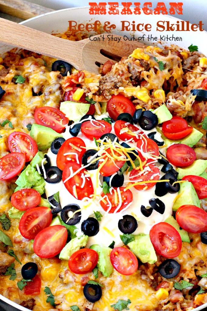 Mexican Beef and Rice Skillet | Can't Stay Out of the Kitchen | this one-dish #beef entree is fabulous. This has become one of our favorite #TexMex meals & only takes about 30 minutes to make! #corn #pintobeans #avocado #glutenfree
