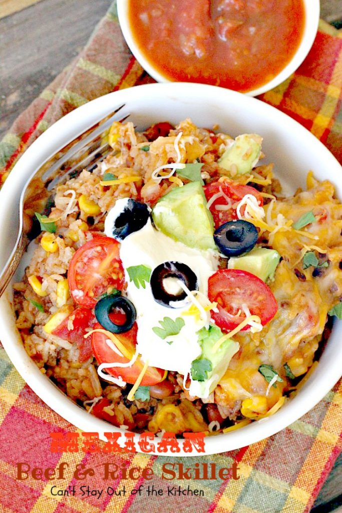 Mexican Beef and Rice Skillet | Can't Stay Out of the Kitchen | this one-dish #beef entree is fabulous. This has become one of our favorite #TexMex meals & only takes about 30 minutes to make! #corn #pintobeans #avocado #glutenfree