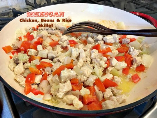 Mexican Chicken, Beans and Rice Skillet | Can't Stay Out of the Kitchen | this fantastic one-dish #TexMex skillet entree is one of the BEST you'll ever eat. Ready in about 40 minutes so it's perfect for weeknight meals. #chicken #glutenfree #avocados 