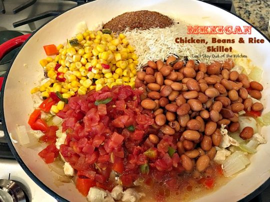 Mexican Chicken, Beans and Rice Skillet | Can't Stay Out of the Kitchen | this fantastic one-dish #TexMex skillet entree is one of the BEST you'll ever eat. Ready in about 40 minutes so it's perfect for weeknight meals. #chicken #glutenfree #avocados 