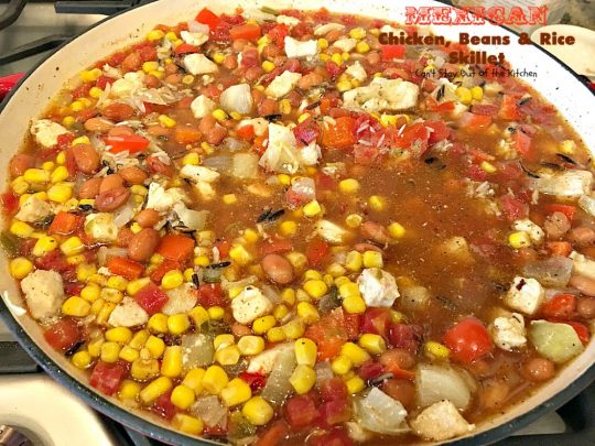 Mexican Chicken, Beans and Rice Skillet | Can't Stay Out of the Kitchen | this fantastic one-dish #TexMex skillet entree is one of the BEST you'll ever eat. Ready in about 40 minutes so it's perfect for weeknight meals. #chicken #glutenfree #avocados 