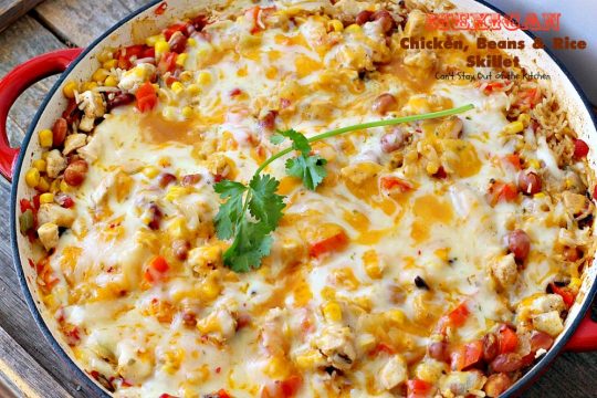 Mexican Chicken, Beans and Rice Skillet | Can't Stay Out of the Kitchen | this fantastic one-dish #TexMex skillet entree is one of the BEST you'll ever eat. Ready in about 40 minutes so it's perfect for weeknight meals. #chicken #glutenfree #avocados 