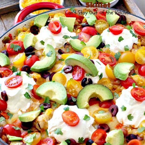 Mexican Chicken, Beans and Rice Skillet | Can't Stay Out of the Kitchen | this fantastic one-dish #TexMex skillet entree is one of the BEST you'll ever eat. Ready in about 40 minutes so it's perfect for weeknight meals. #chicken #glutenfree #avocados