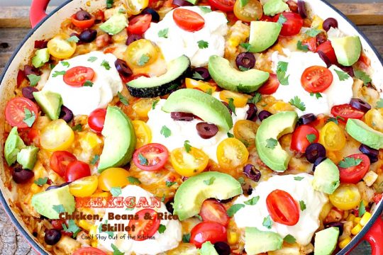 Mexican Chicken, Beans and Rice Skillet | Can't Stay Out of the Kitchen | this fantastic one-dish #TexMex skillet entree is one of the BEST you'll ever eat. Ready in about 40 minutes so it's perfect for weeknight meals. #chicken #glutenfree #avocados 