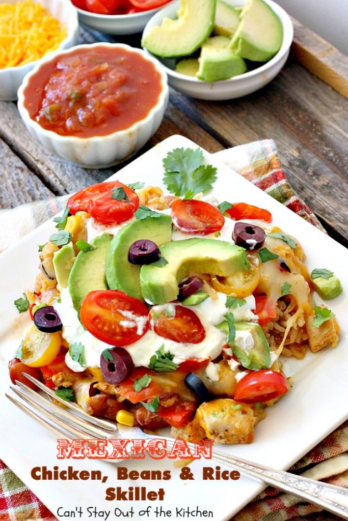 Mexican Chicken, Beans and Rice Skillet | Can't Stay Out of the Kitchen | this fantastic one-dish #TexMex skillet entree is one of the BEST you'll ever eat. Ready in about 40 minutes so it's perfect for weeknight meals. #chicken #glutenfree #avocados