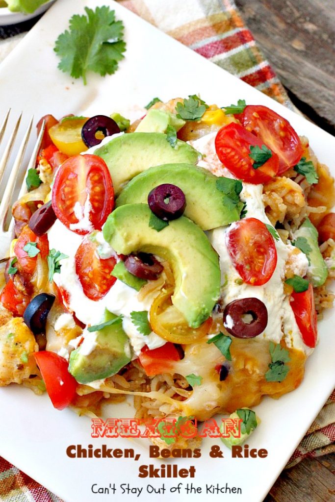 Mexican Chicken, Beans and Rice Skillet | Can't Stay Out of the Kitchen | this fantastic one-dish #TexMex skillet entree is one of the BEST you'll ever eat. Ready in about 40 minutes so it's perfect for weeknight meals. #chicken #glutenfree #avocados