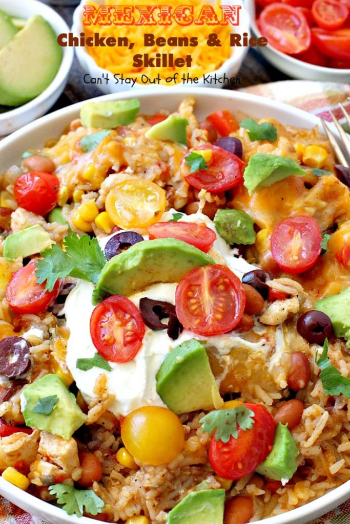 Mexican Chicken, Beans and Rice Skillet | Can't Stay Out of the Kitchen | this fantastic one-dish #TexMex skillet entree is one of the BEST you'll ever eat. Ready in about 40 minutes so it's perfect for weeknight meals. #chicken #glutenfree #avocados