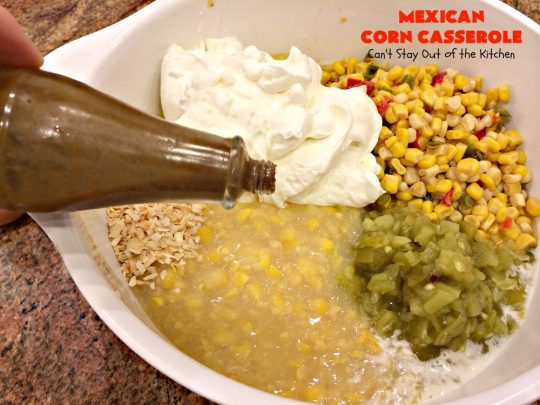 Mexican Corn Casserole | Can't Stay Out of the Kitchen | this is the best #corn #casserole ever! This one has Fiesta corn, green #chilies & #hotsauce to give it zip. Our favorite way to make corn for the #holidays like #Thanksgiving or #Christmas. #TexMex