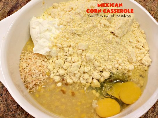 Mexican Corn Casserole | Can't Stay Out of the Kitchen | this is the best #corn #casserole ever! This one has Fiesta corn, green #chilies & #hotsauce to give it zip. Our favorite way to make corn for the #holidays like #Thanksgiving or #Christmas. #TexMex