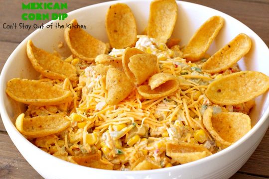 Mexican Corn Dip | Can't Stay Out of the Kitchen | this fantastic #TexMex #appetizer is phenomenal. It includes #SouthwesternCorn, #JalapenoPeppers, #GreenChilies & #CheddarCheese. Only 6 ingredients & so easy for any #tailgating party, potluck or grilling out with friends. #corn #CincoDeMayo #GlutenFree #MexicanCornDip #SuperBowl
