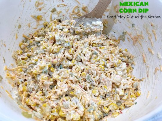 Mexican Corn Dip | Can't Stay Out of the Kitchen | this fantastic #TexMex #appetizer is phenomenal. It includes #SouthwesternCorn, #JalapenoPeppers, #GreenChilies & #CheddarCheese. Only 6 ingredients & so easy for any #tailgating party, potluck or grilling out with friends. #corn #CincoDeMayo #GlutenFree #MexicanCornDip #SuperBowl