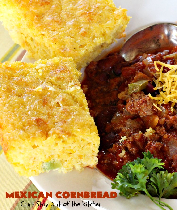 Mexican Cornbread | Can't Stay Out of the Kitchen | this souffle style #cornbread is absolutely mouthwatering. It uses either diced #Jalapenos or #GreenChilies plus #CheddarCheese. Terrific comfort food with chili or soup. #TexMex #Mexican #MexicanCornbread #GlutenFree #GlutenFreeCornbread