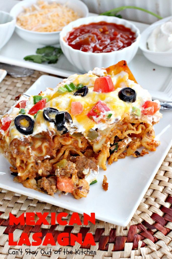 Mexican Lasagna | Can't Stay Out of the Kitchen | this awesome #lasagna has a #TexMex twist that's irresistible. It's so easy since you don't have to pre-cook the #noodles. Perfect for company & #holiday dinners. #CincoDeMayo #beef #cheese 