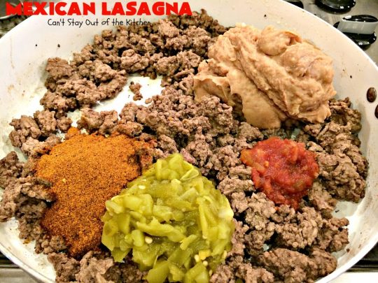 Mexican Lasagna | Can't Stay Out of the Kitchen | this awesome #lasagna has a #TexMex twist that's irresistible. It's so easy since you don't have to pre-cook the #noodles. Perfect for company & #holiday dinners. #CincoDeMayo #beef #cheese 