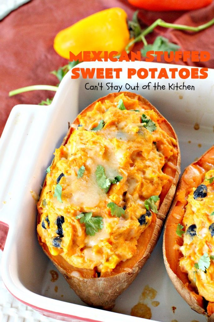 Mexican Stuffed Sweet Potatoes | I LOVE these mouthwatering #sweetpotatoes! They're hearty, filling and substantial enough for #MeatlessMondays. This #TexMex version is so flavorful & sumptuous you won't want to stop eating them. I sure didn't. Healthy, clean-eating #glutenfree #CincoDeMayo