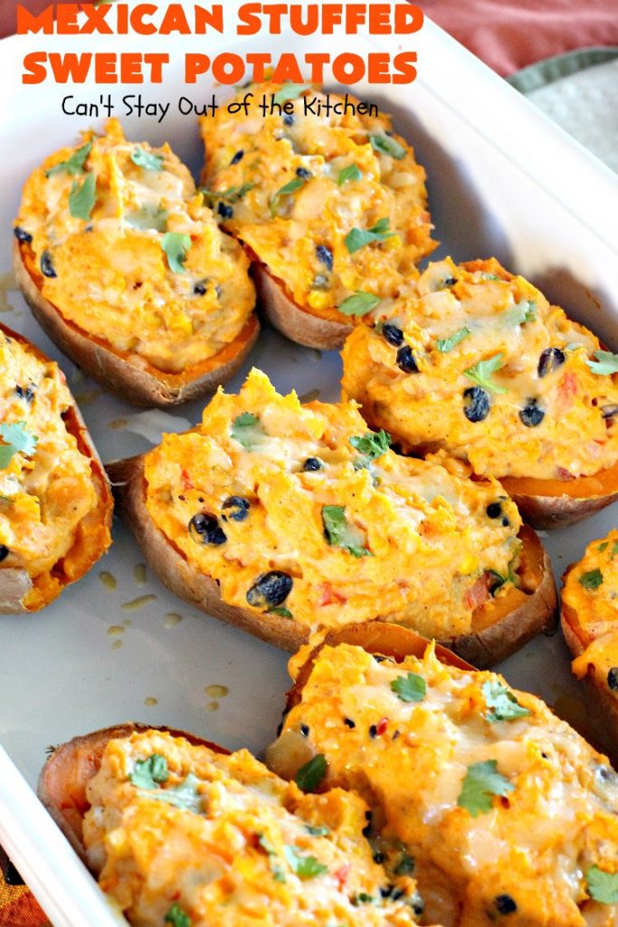 Mexican Stuffed Sweet Potatoes | I LOVE these mouthwatering #sweetpotatoes! They're hearty, filling and substantial enough for #MeatlessMondays. This #TexMex version is so flavorful & sumptuous you won't want to stop eating them. I sure didn't. Healthy, clean-eating #glutenfree #CincoDeMayo