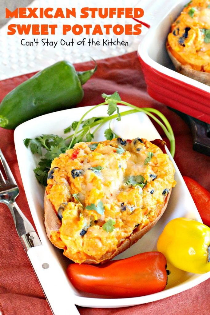 Mexican Stuffed Sweet Potatoes | I LOVE these mouthwatering #sweetpotatoes! They're hearty, filling and substantial enough for #MeatlessMondays. This #TexMex version is so flavorful & sumptuous you won't want to stop eating them. I sure didn't. Healthy, clean-eating #glutenfree #CincoDeMayo