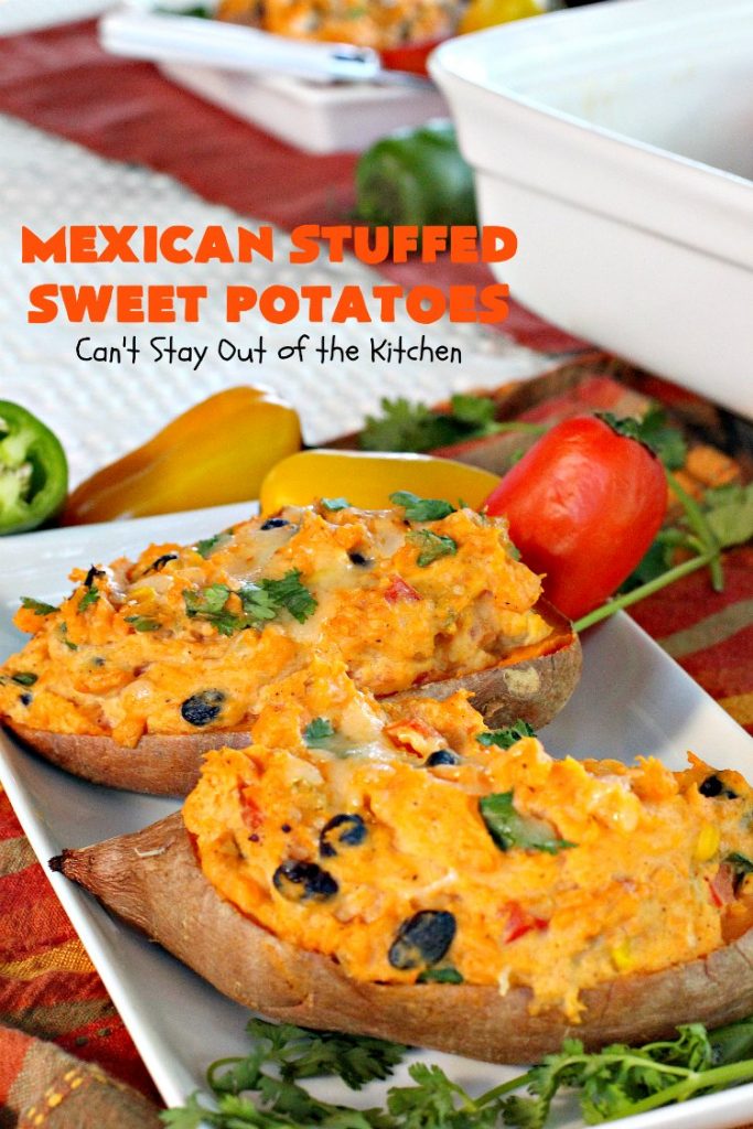Mexican Stuffed Sweet Potatoes | I LOVE these mouthwatering #sweetpotatoes! They're hearty, filling and substantial enough for #MeatlessMondays. This #TexMex version is so flavorful & sumptuous you won't want to stop eating them. I sure didn't. Healthy, clean-eating #glutenfree #CincoDeMayo