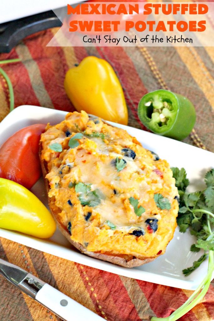 Mexican Stuffed Sweet Potatoes | I LOVE these mouthwatering #sweetpotatoes! They're hearty, filling and substantial enough for #MeatlessMondays. This #TexMex version is so flavorful & sumptuous you won't want to stop eating them. I sure didn't. Healthy, clean-eating #glutenfree #CincoDeMayo
