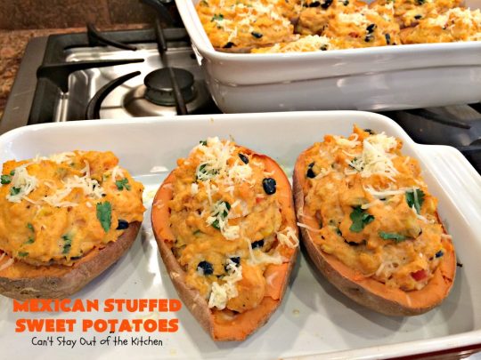 Mexican Stuffed Sweet Potatoes | I LOVE these mouthwatering #sweetpotatoes! They're hearty, filling and substantial enough for #MeatlessMondays. This #TexMex version is so flavorful & sumptuous you won't want to stop eating them. I sure didn't. Healthy, clean-eating #glutenfree #CincoDeMayo