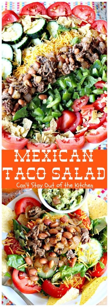 Mexican Taco Salad | Can't Stay Out of the Kitchen | dynamite #TexMex #salad with spicy #groundbeef, #pintobeans, #cheese & tortilla chips. Great for summer potlucks. #glutenfree