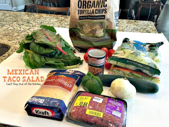 Mexican Taco Salad | Can't Stay Out of the Kitchen | dynamite #TexMex #salad with spicy #groundbeef, #pintobeans, #cheese & tortilla chips. Great for summer potlucks. #glutenfree