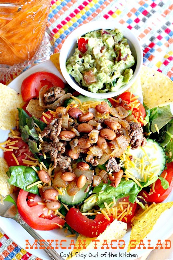 Mexican Taco Salad | Can't Stay Out of the Kitchen | dynamite #TexMex #salad with spicy #groundbeef, #pintobeans, #cheese & tortilla chips. Great for summer potlucks. #glutenfree