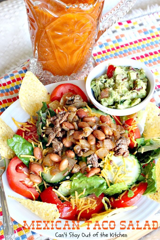 Mexican Taco Salad | Can't Stay Out of the Kitchen | dynamite #TexMex #salad with spicy #groundbeef, #pintobeans, #cheese & tortilla chips. Great for summer potlucks. #glutenfree