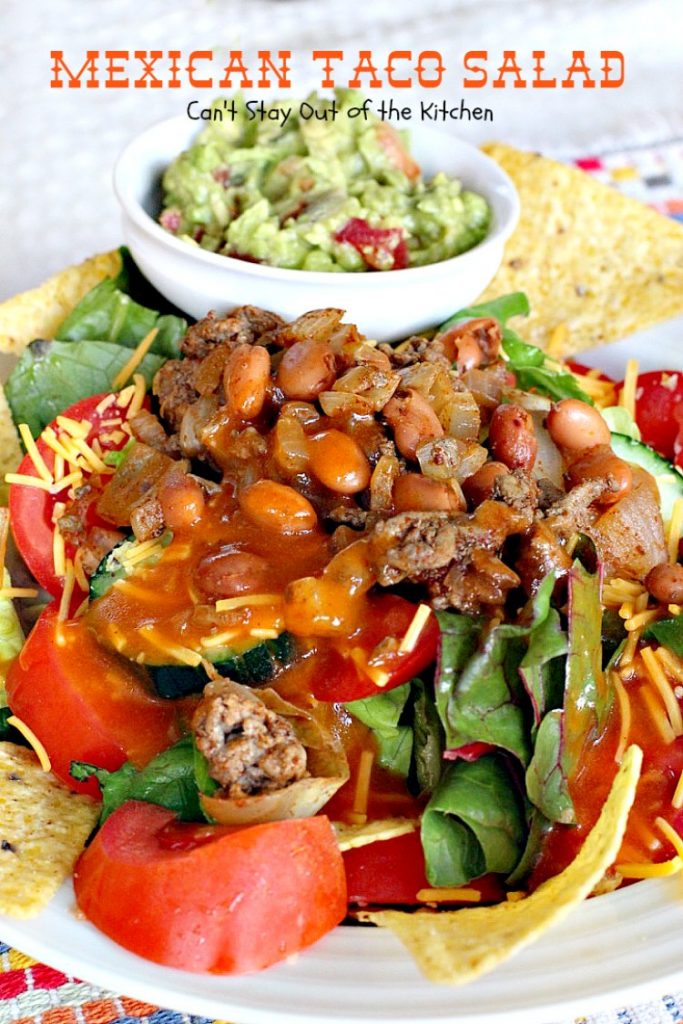 Mexican Taco Salad | Can't Stay Out of the Kitchen | dynamite #TexMex #salad with spicy #groundbeef, #pintobeans, #cheese & tortilla chips. Great for summer potlucks. #glutenfree