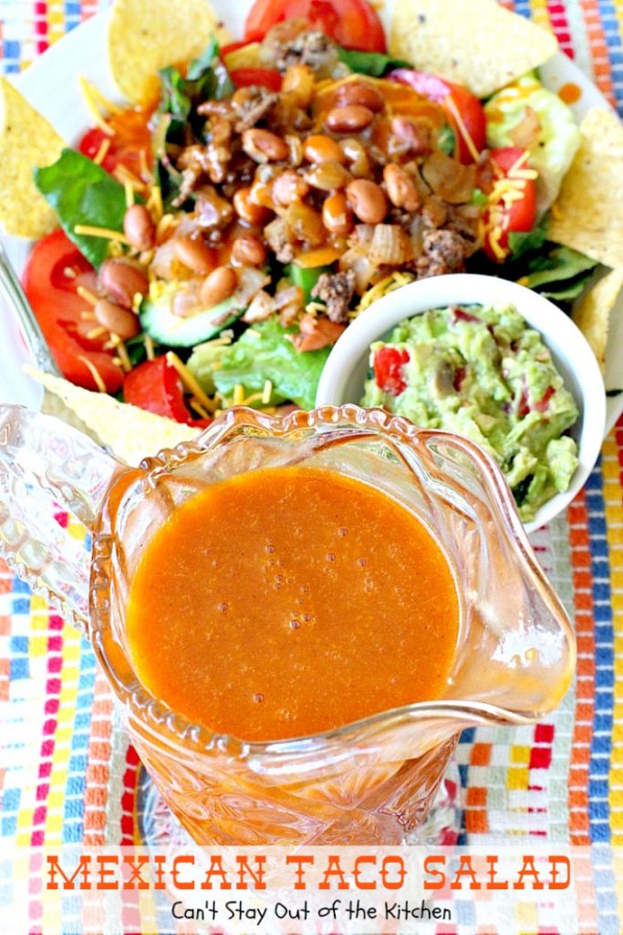 Mexican Taco Salad | Can't Stay Out of the Kitchen | dynamite #TexMex #salad with spicy #groundbeef, #pintobeans, #cheese & tortilla chips. Great for summer potlucks. #glutenfree