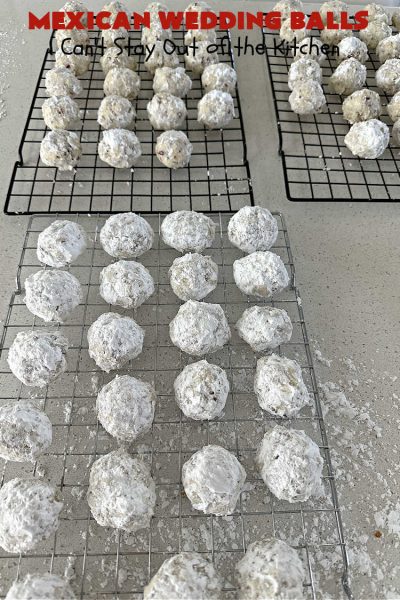 Mexican Wedding Balls | Can't Stay Out of the Kitchen | this vintage #recipe is perfect for #Christmas #baking & the #holidays. Rolling the #cookies in #PowderedSugar twice gives that extra bit of sweetness that's just wonderful. Great for #tailgating & office parties, too. #dessert #pecans #ChristmasDessert #PecanButterballs #SwedishTeaCakes #RussianTeaCakes #MexicanWeddingBalls